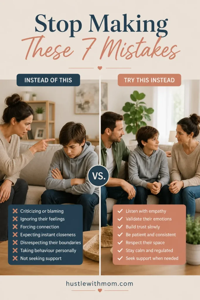 Comparison showing unhealthy and healthy communication between a stepparent and stepchild.
