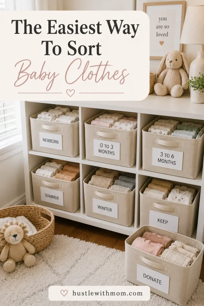 Labelled baby clothes bins organized by size and season.