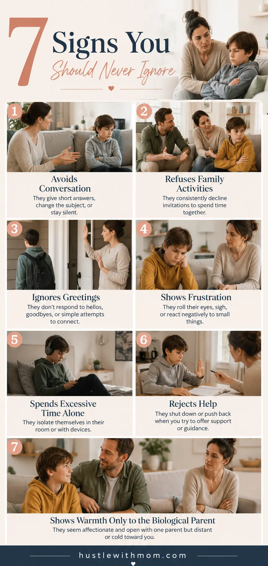 Seven realistic family situations showing possible warning signs of relationship struggles with a stepchild.