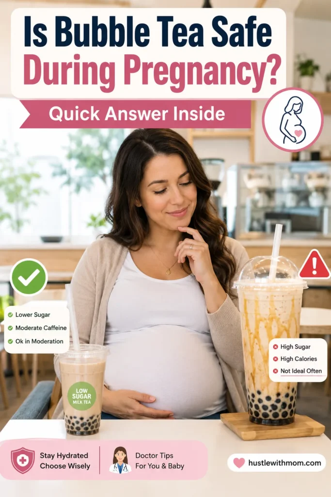 Pregnant woman comparing safe and less healthy bubble tea choices during pregnancy.