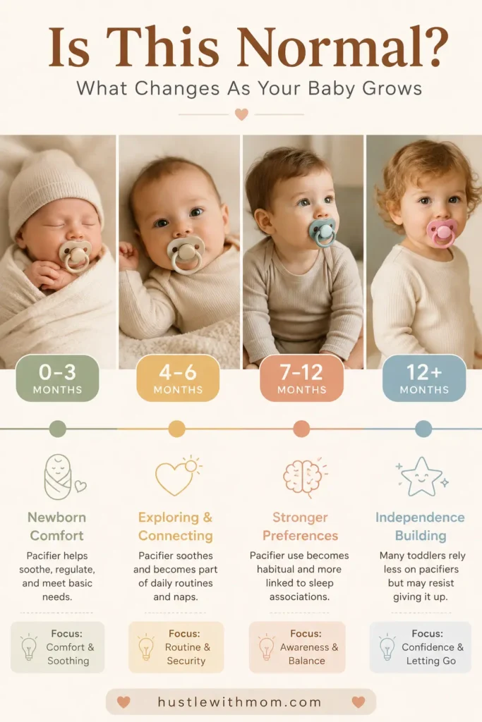 Timeline showing different baby ages and normal pacifier habits.