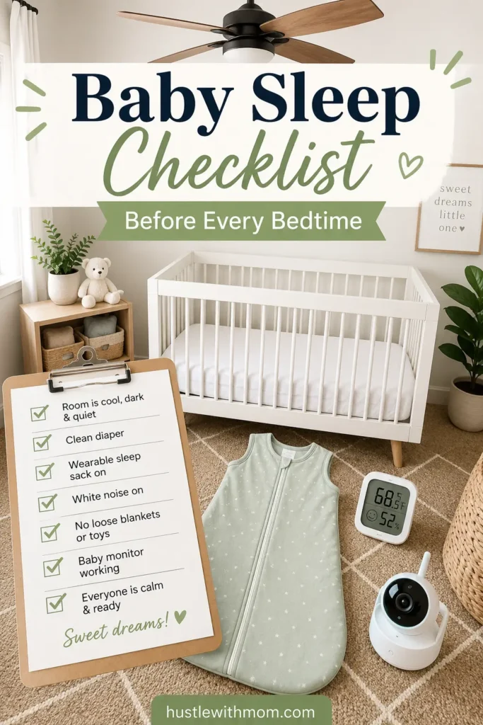 Safe sleep checklist beside baby's crib.