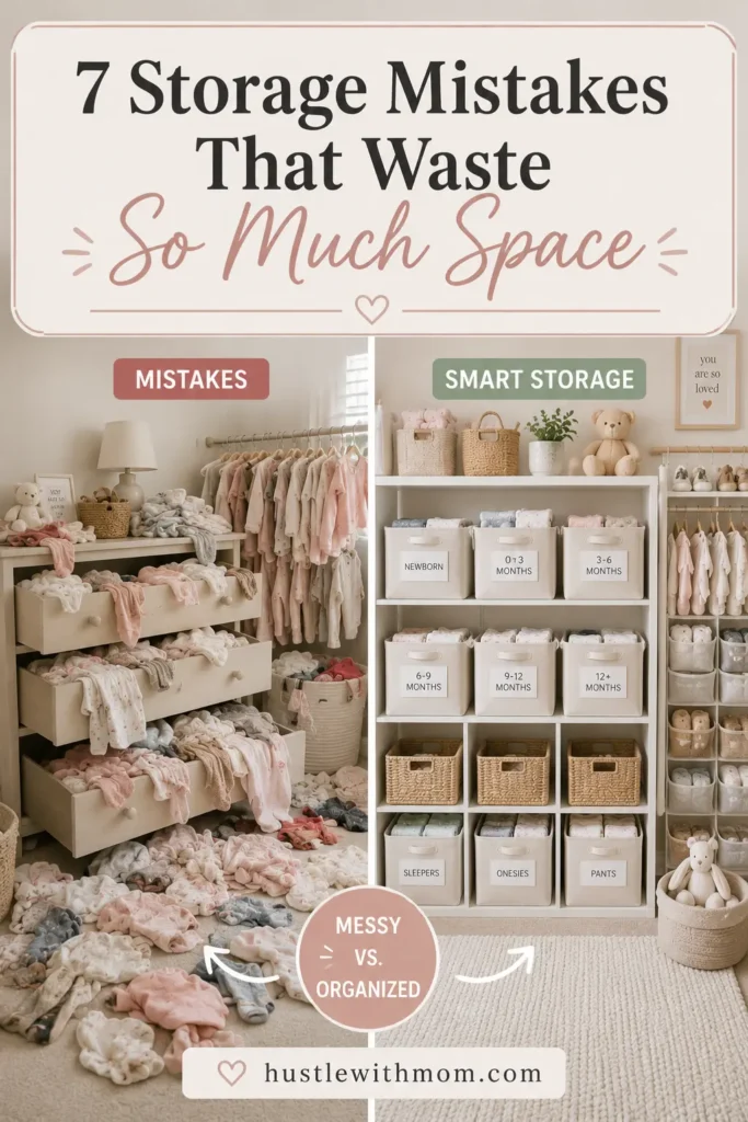 Comparison of cluttered and organized baby clothes storage in a small nursery.