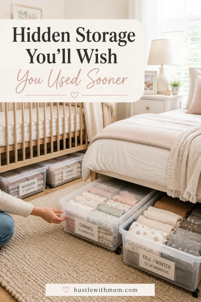 Storage bins under baby crib filled with organized baby clothes.