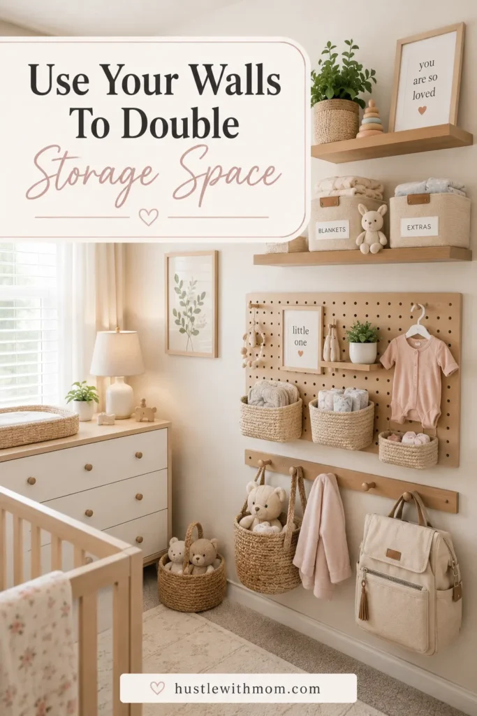 Wall shelves and hanging organizers storing baby clothes in a nursery.