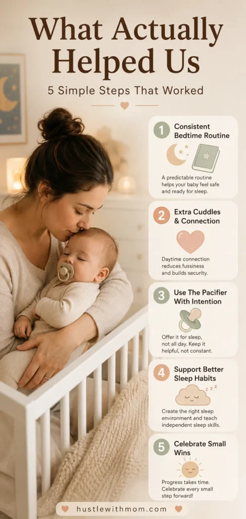 Mother following a bedtime routine that helps reduce pacifier wake-ups.