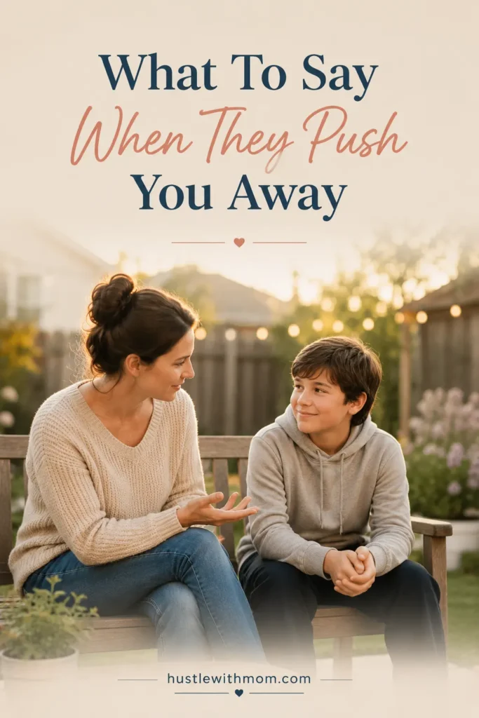 Stepparent having a calm conversation with a stepchild on a backyard bench.