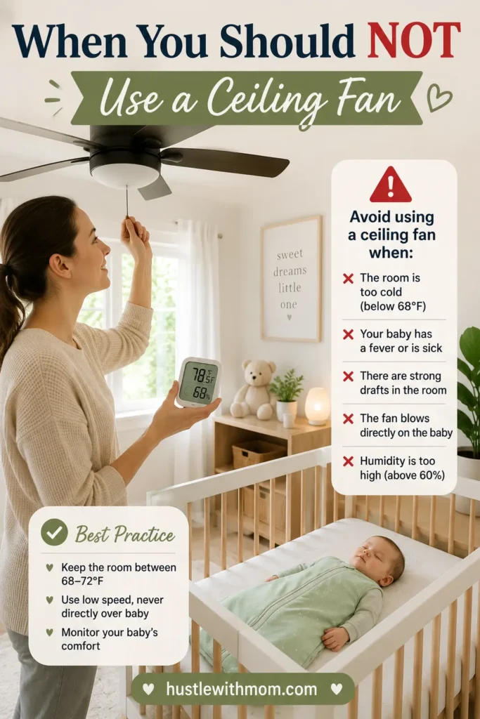 Parent checking nursery temperature before turning off the ceiling fan.