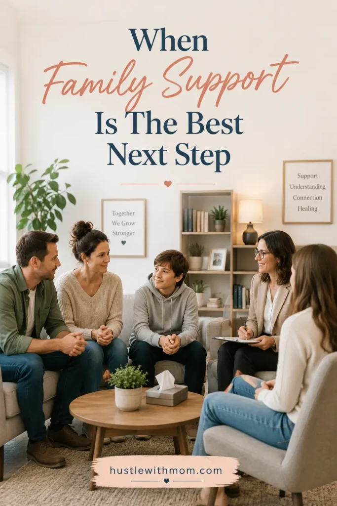 Blended family speaking with a family therapist in a professional counselling office.