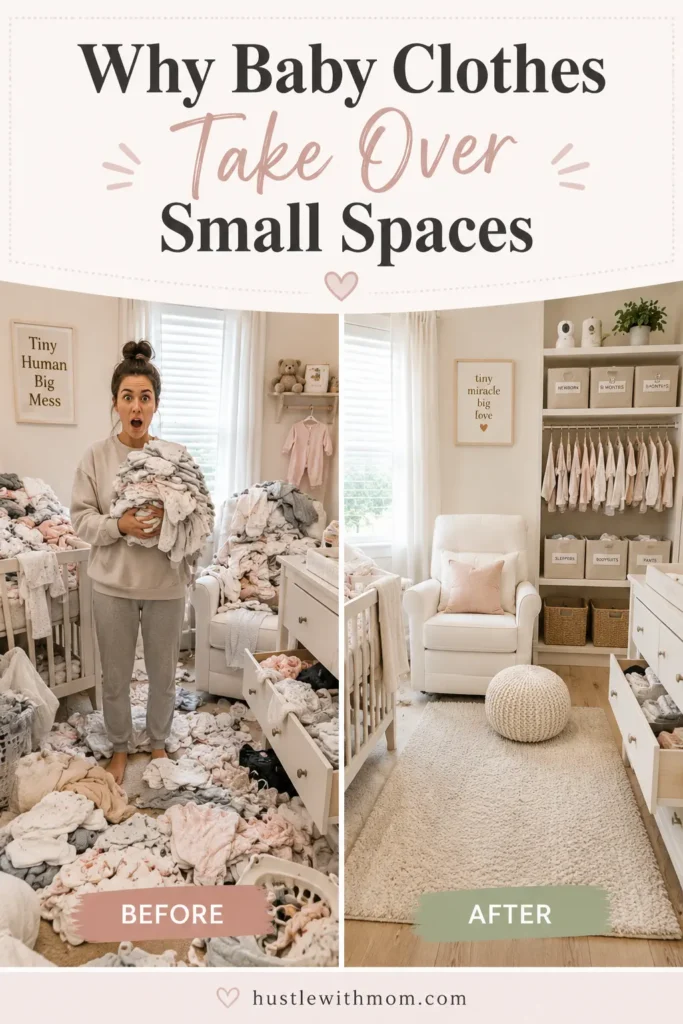 Small nursery filled with baby clothes creating clutter before organization.