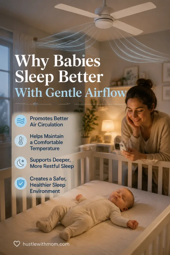 Sleeping baby in a cool nursery with ceiling fan.