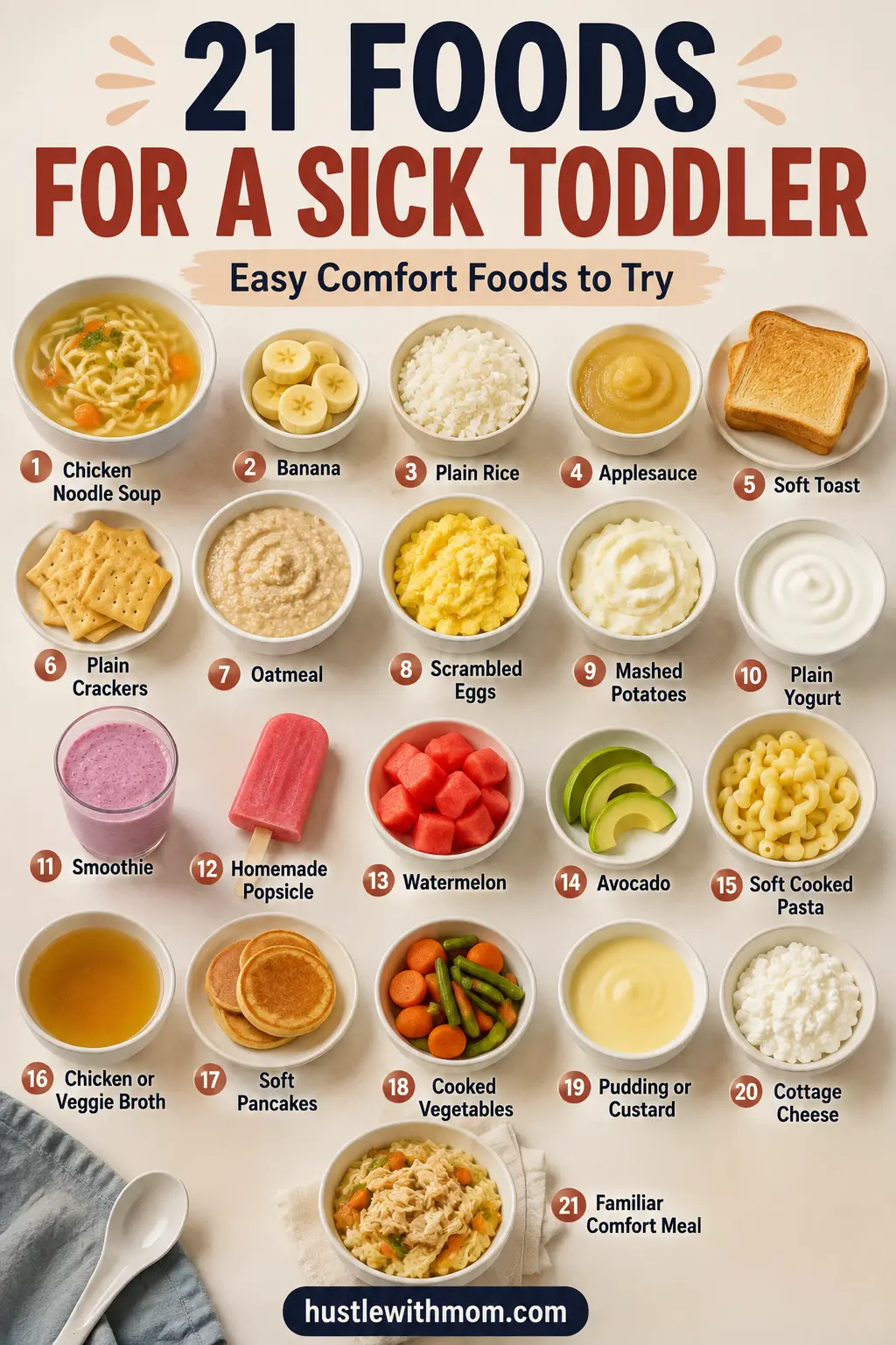21 comforting food ideas for a sick toddler including soup, bananas, oatmeal, rice, yogurt, eggs, potatoes, pasta, and soft fruit.