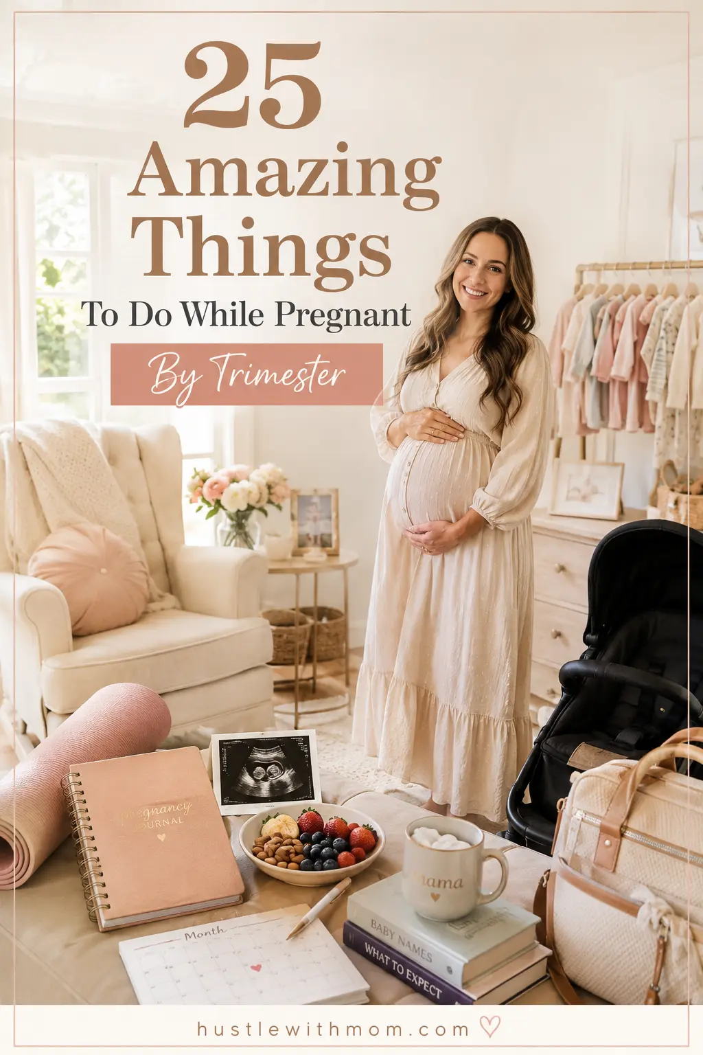 Pregnant woman in a cozy nursery with baby items and activities representing every trimester of pregnancy.