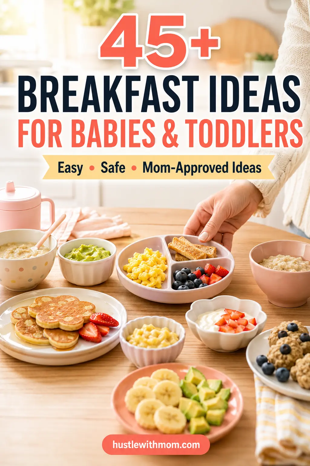 Healthy breakfast ideas for babies and toddlers including oatmeal, soft fruit, yogurt, eggs, avocado, and baby-friendly toast.