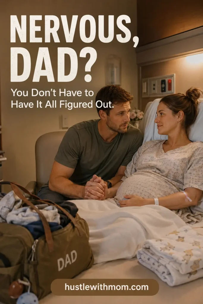 Nervous expectant dad holding his pregnant partner's hand in the hospital before their baby's arrival.