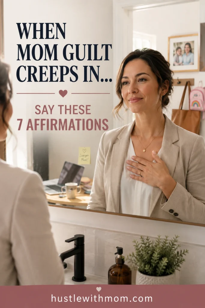 Working mom looking in the mirror and practicing positive affirmations when mom guilt becomes overwhelming.