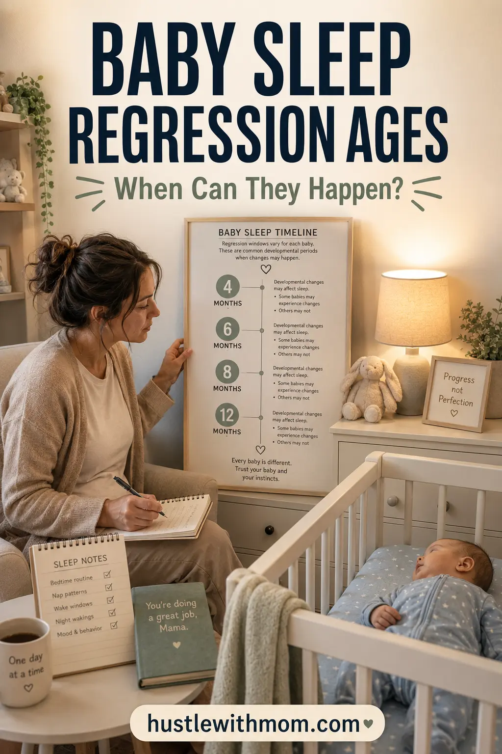 Baby sleep regression timeline with age markers and a mother reviewing sleep notes.