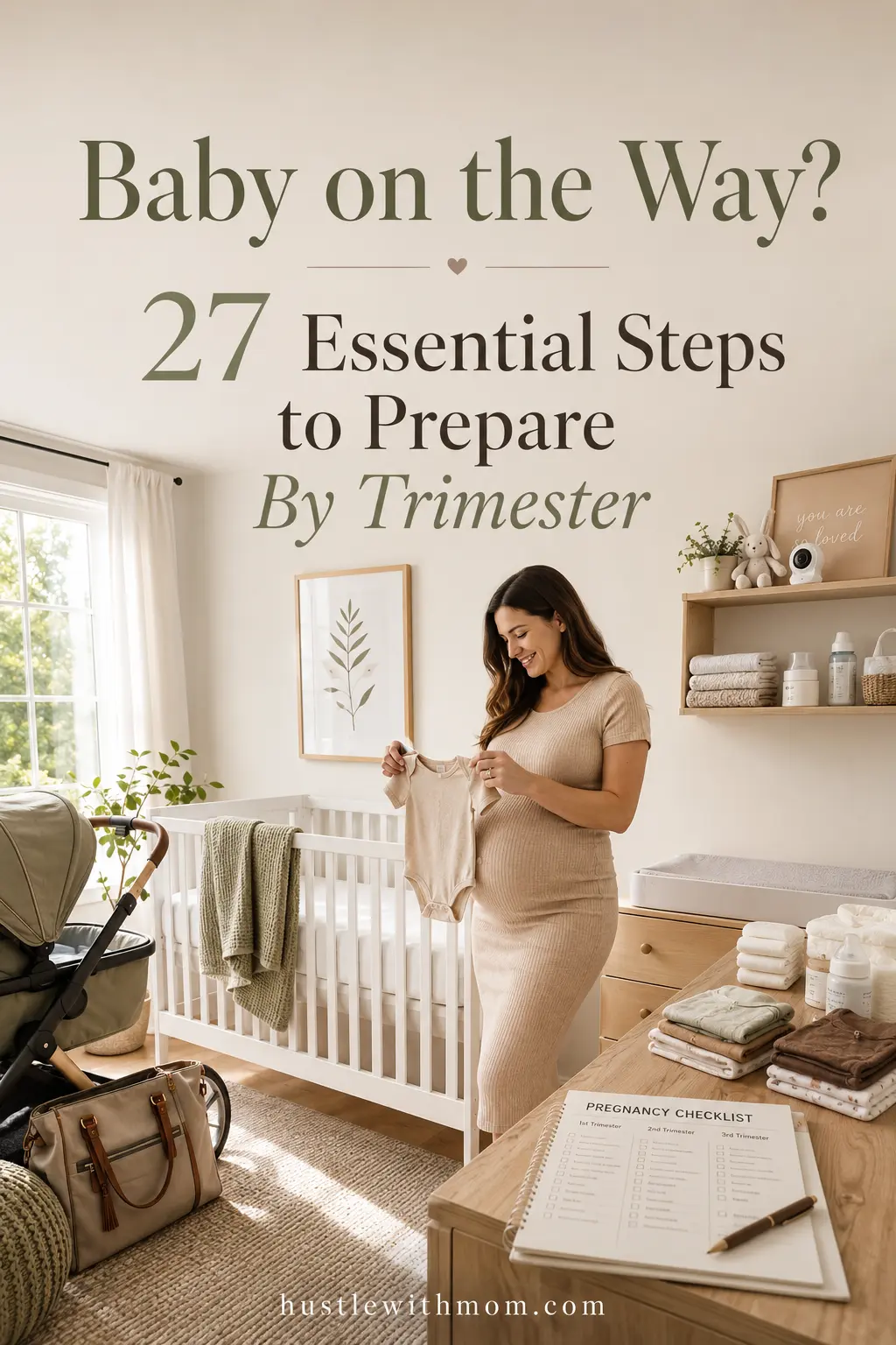 Pregnant mom preparing a nursery with baby essentials and a trimester checklist before welcoming her baby.