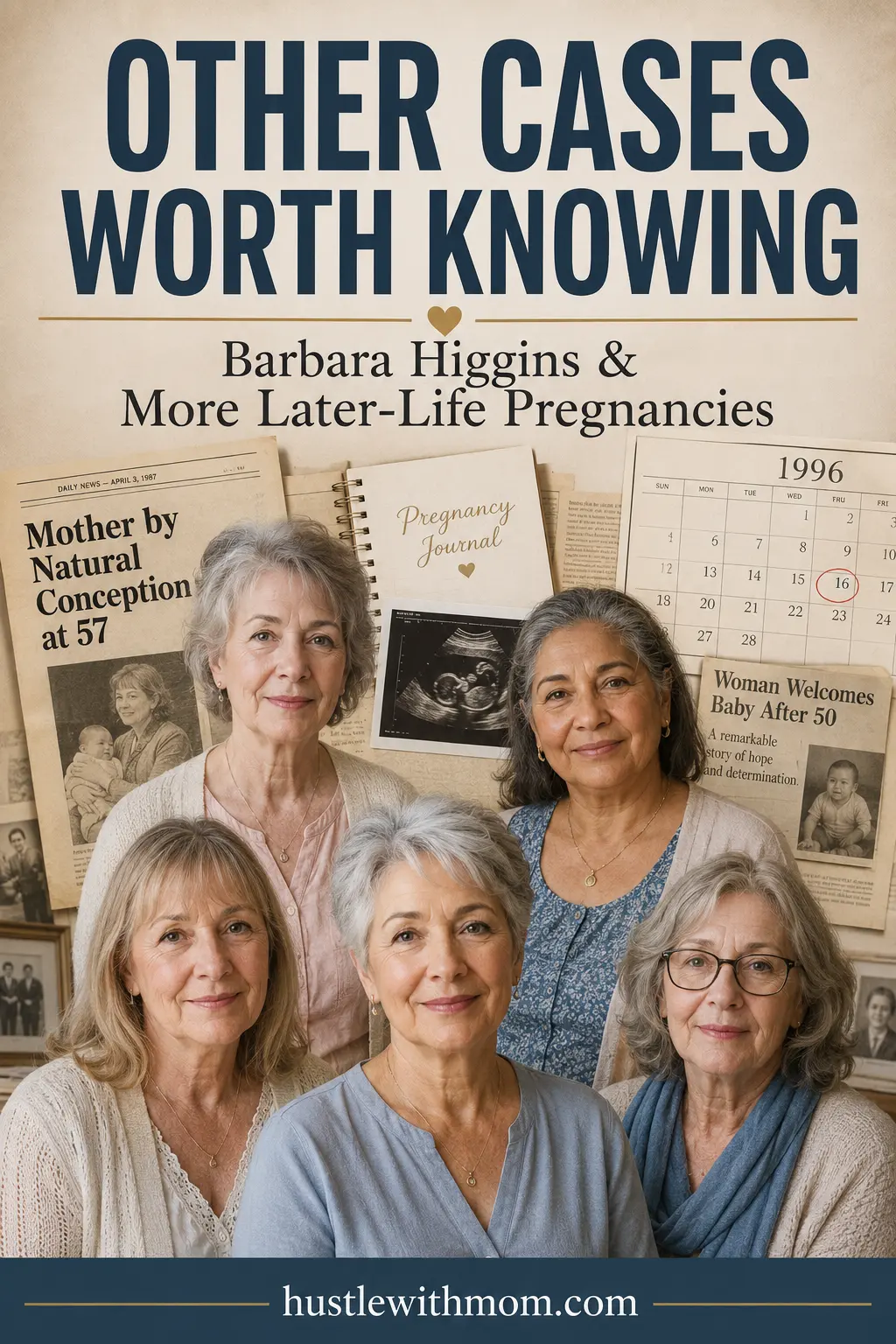 Editorial collage representing Barbara Higgins and other later-life pregnancy cases.