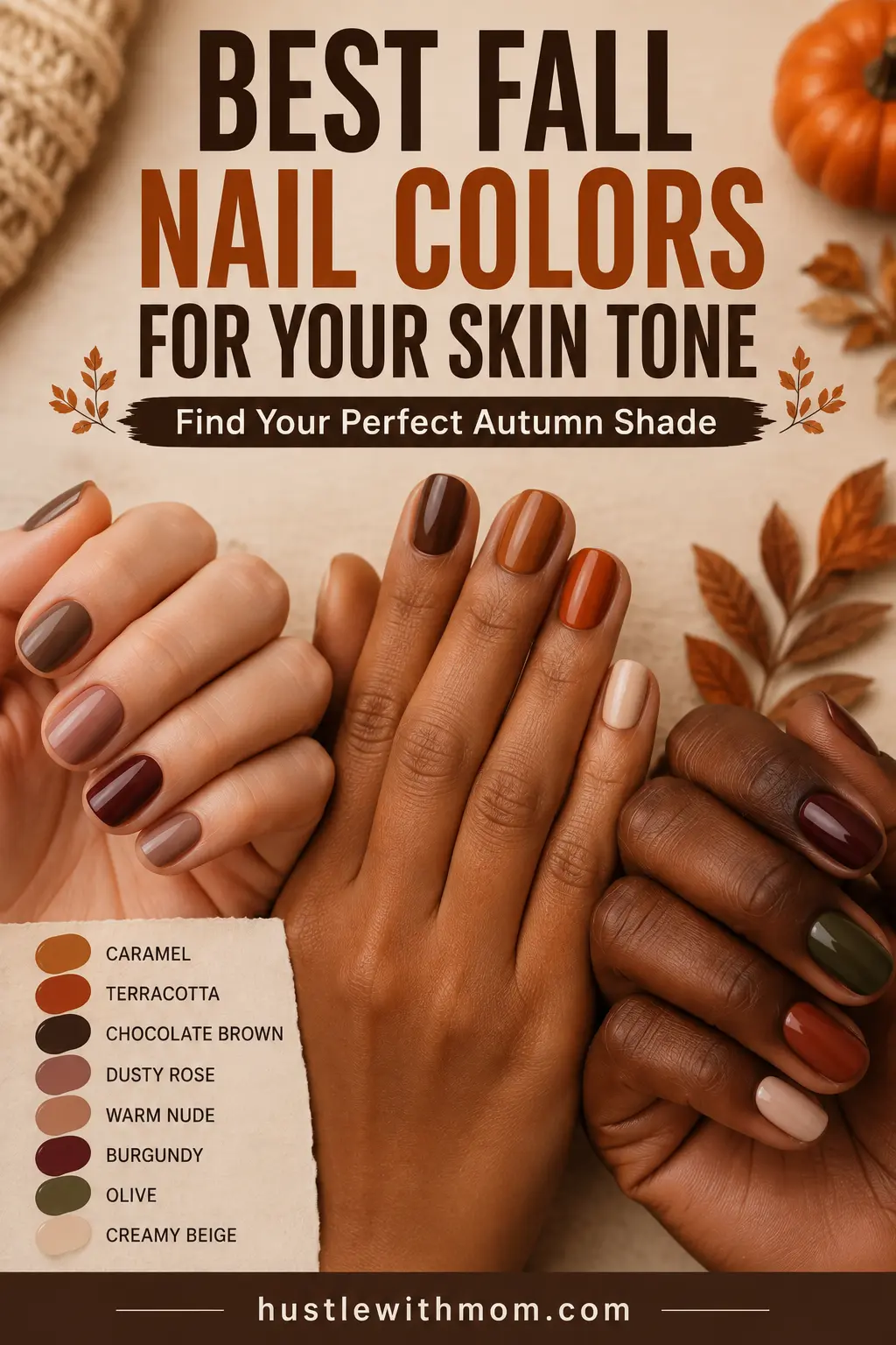 Fall nail colors for different skin tones featuring warm nude, caramel, terracotta, burgundy, brown, and olive shades.