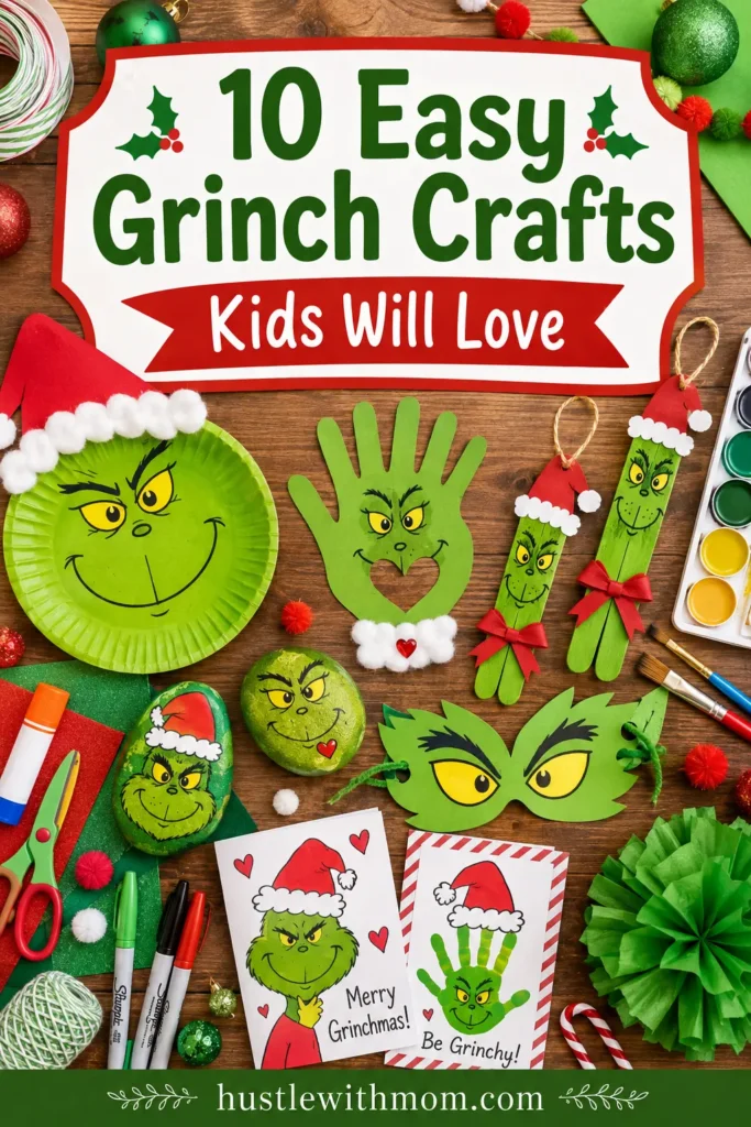 Easy Grinch Christmas craft ideas using paper plates, paint, and holiday supplies.