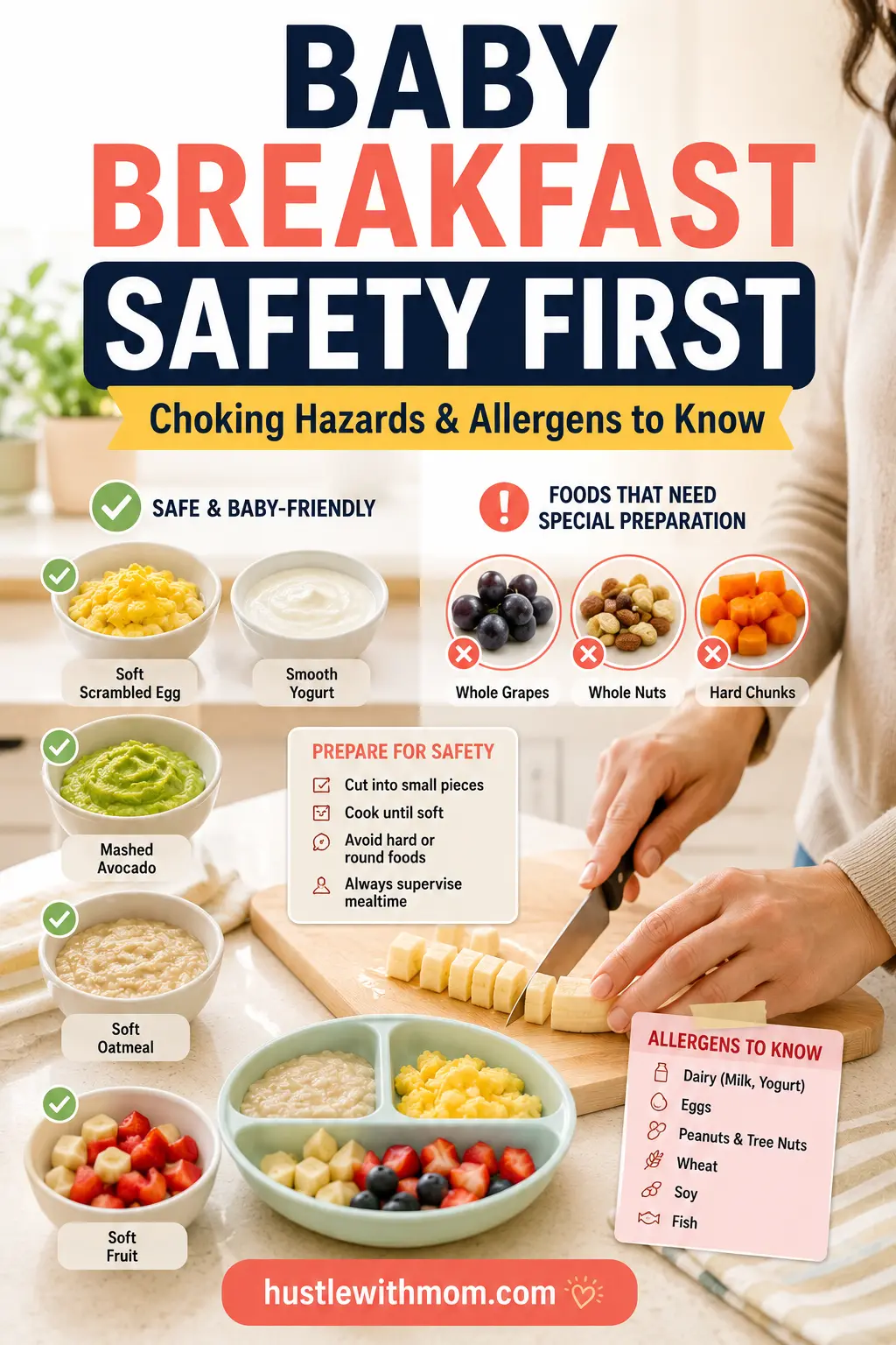 Parent preparing soft baby-friendly breakfast while learning about choking hazards and common allergens.