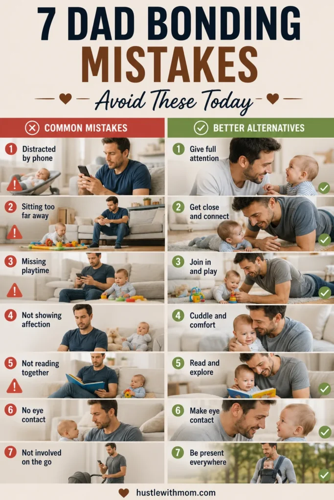 Comparison showing common father baby bonding mistakes and healthier alternatives.