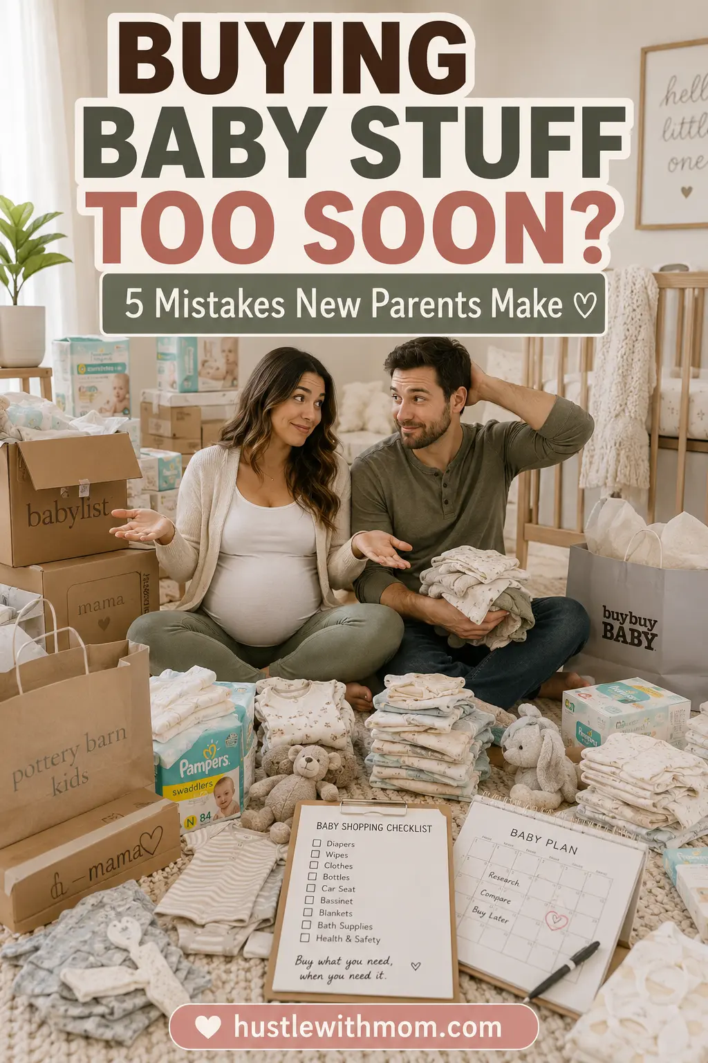 Expectant parents surrounded by baby shopping items while learning common mistakes to avoid.