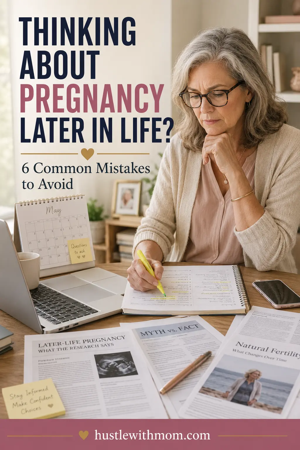 Mature woman researching fertility and pregnancy information while reviewing different sources at home.