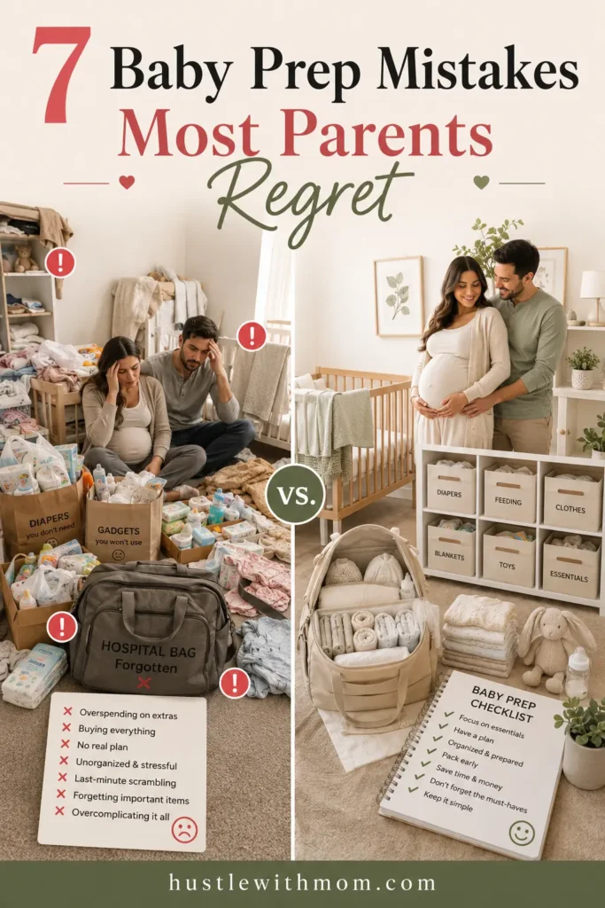 Comparison showing common baby preparation mistakes versus an organized nursery.