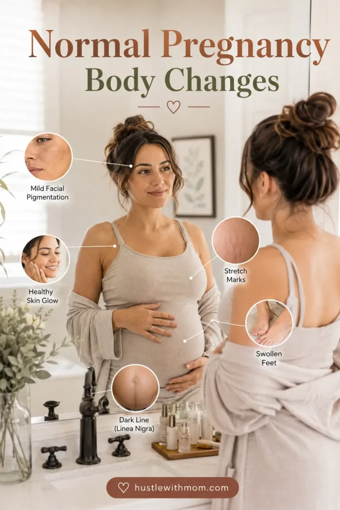 Pregnant woman observing common pregnancy skin and body changes.