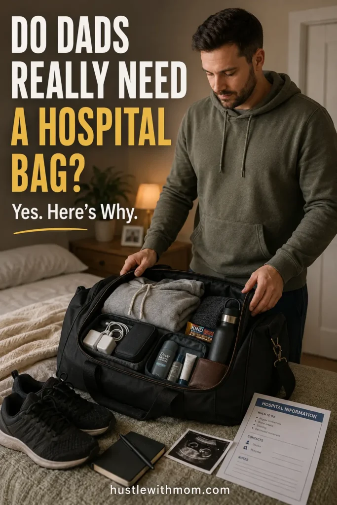 Expectant dad standing beside his packed hospital bag and preparing for the baby's arrival.
