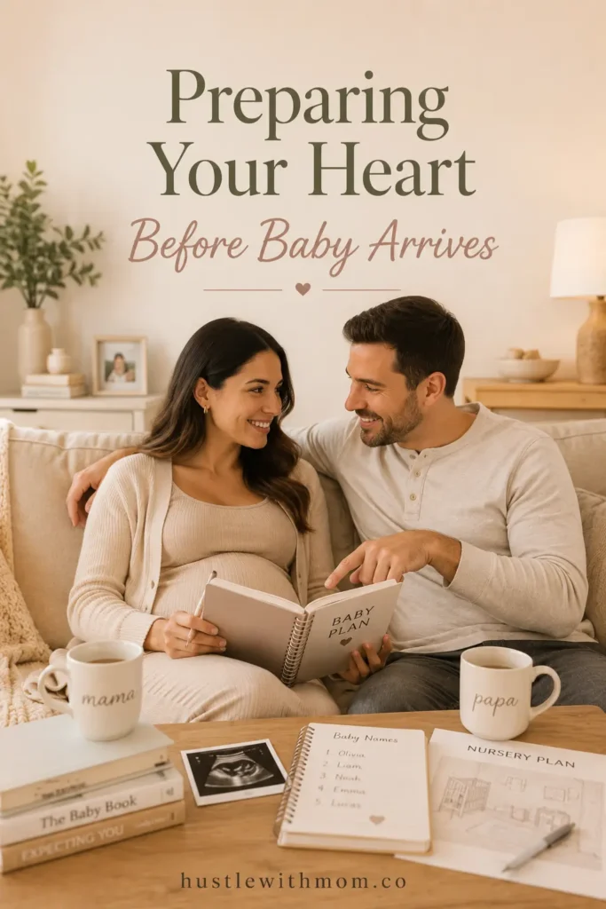 Expecting couple discussing baby plans and preparing emotionally for parenthood.