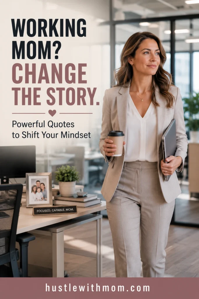 Confident working mother walking through an office while balancing her career and motherhood.