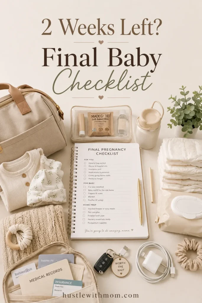 Final two week pregnancy checklist with packed hospital bag and baby essentials.