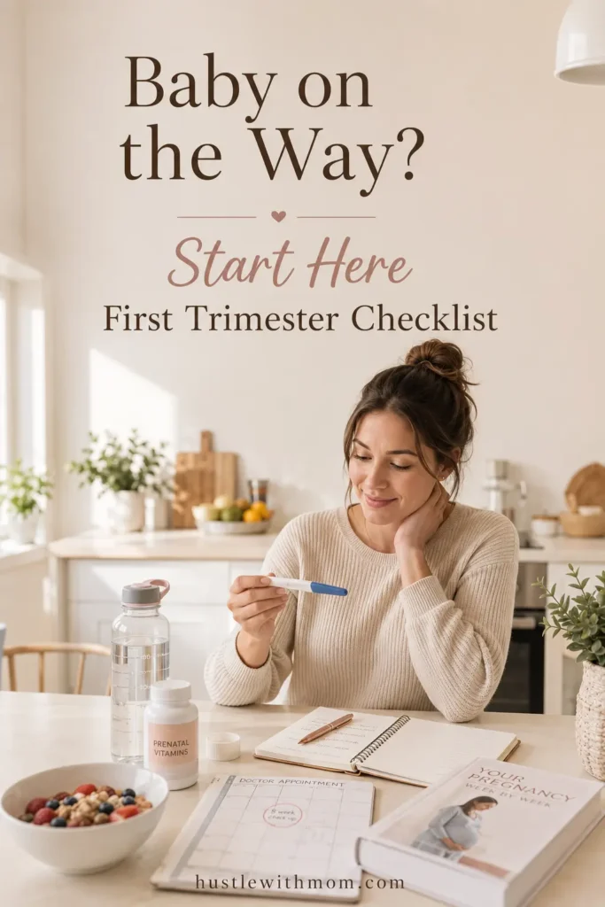 Woman beginning pregnancy planning with vitamins, calendar, and pregnancy checklist.