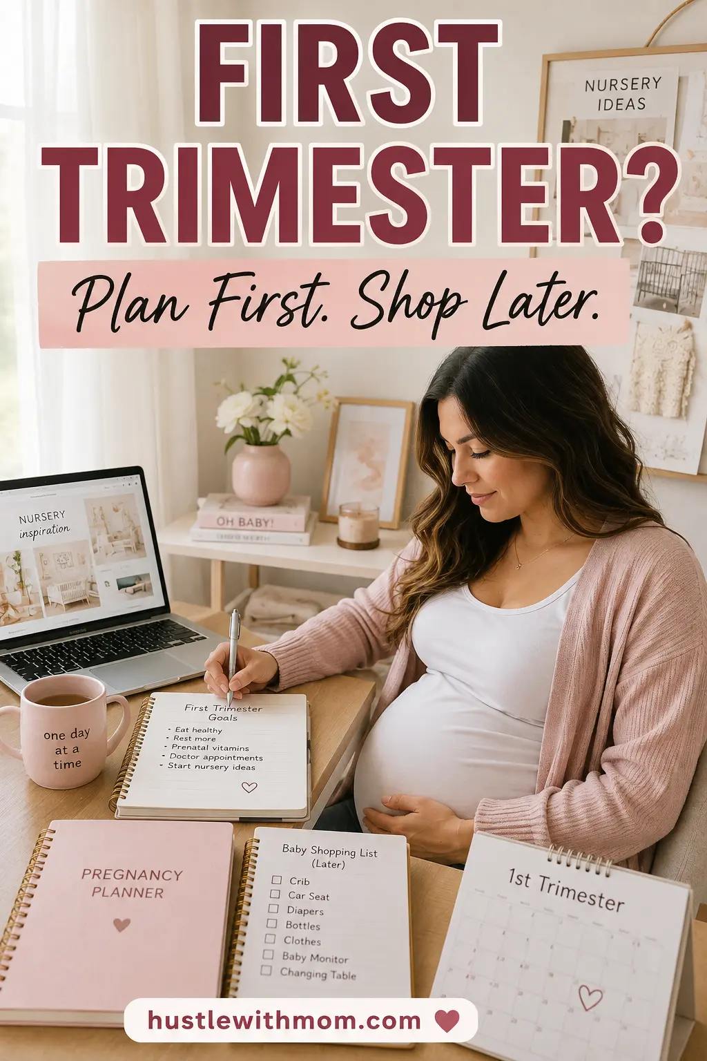Expectant mom planning baby purchases during the first trimester with a notebook and pregnancy planner.