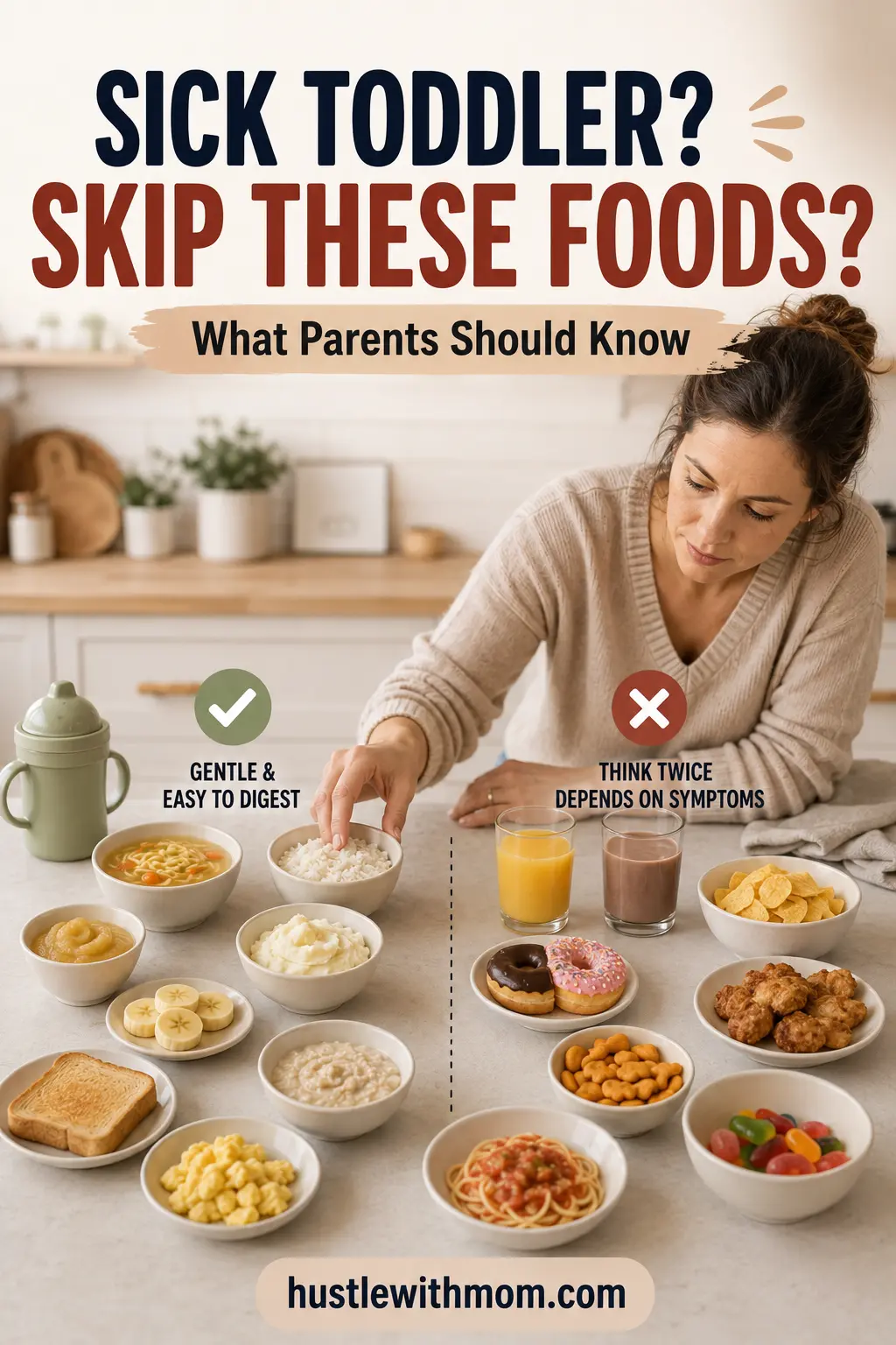 Parent choosing appropriate foods and drinks for a sick toddler while considering what to avoid.
