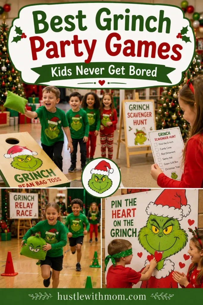 Children playing exciting Grinch Christmas games during a holiday party.