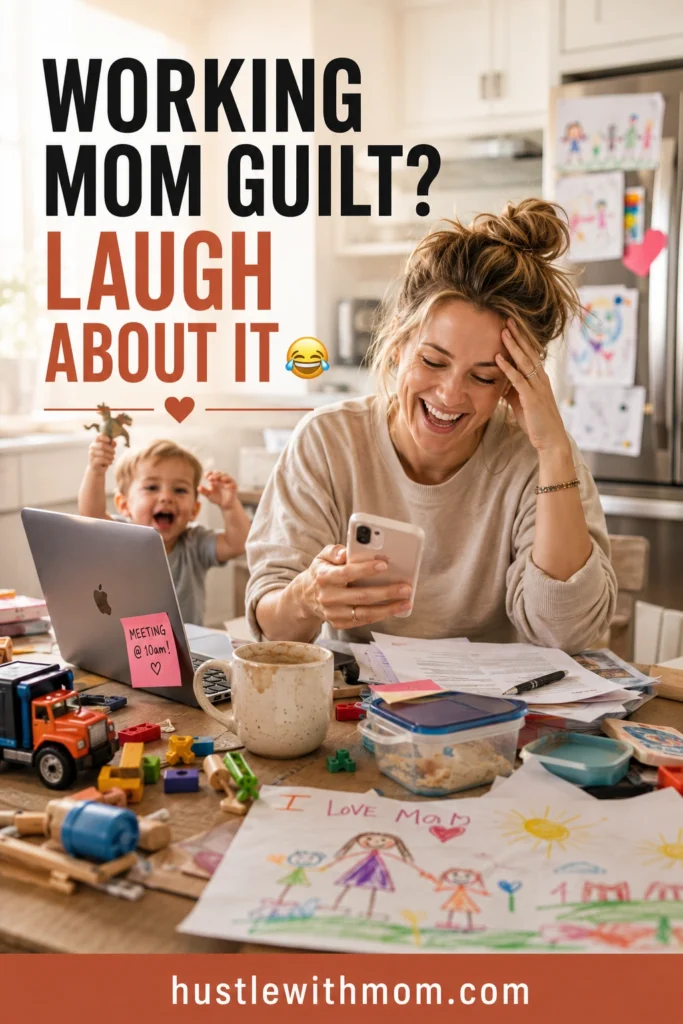 Funny realistic scene of an exhausted working mom laughing while juggling work and parenting responsibilities.