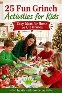 Kids enjoying fun Grinch themed Christmas crafts and holiday activities at home and in the classroom with colorful decorations.