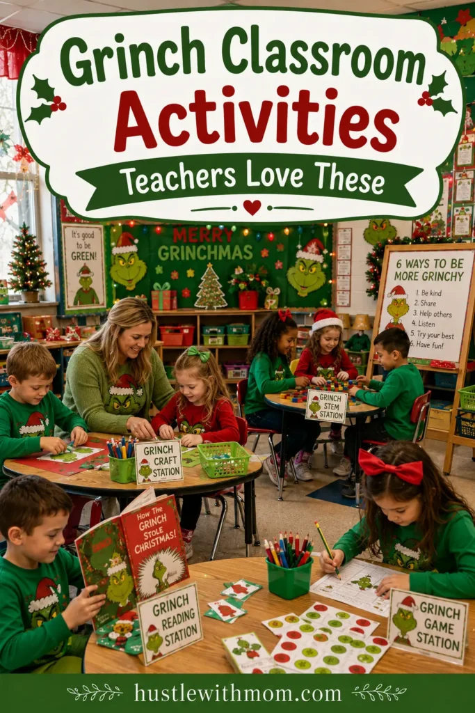 Teacher leading fun Grinch classroom activities during Christmas week.