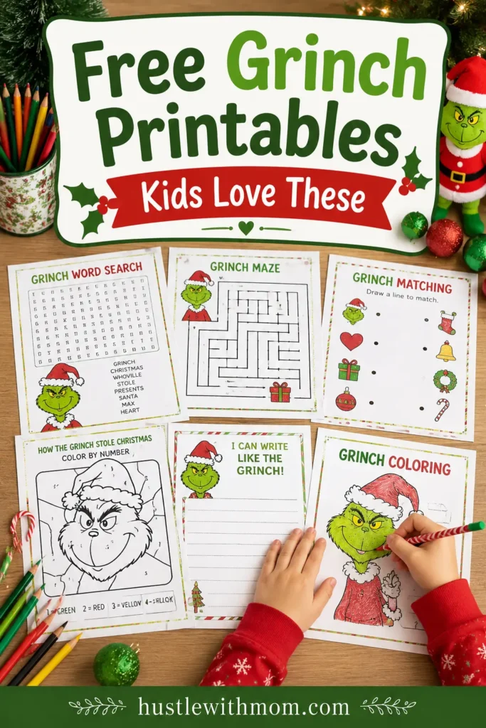 Printable Grinch worksheets, coloring pages, and educational Christmas activities.