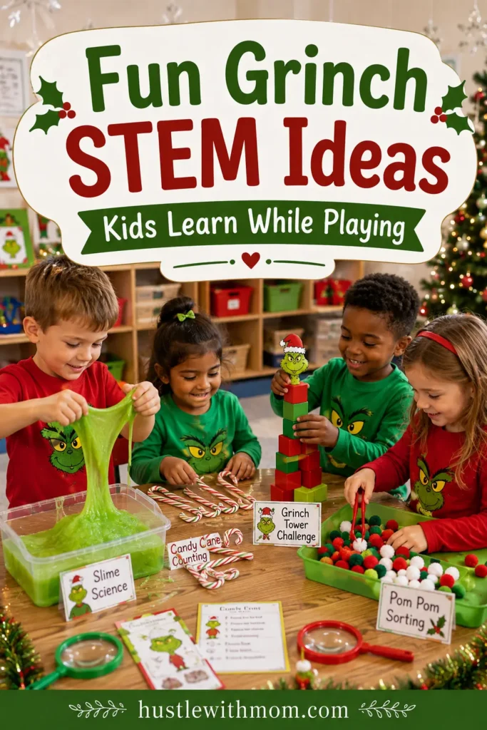 Children enjoying Grinch themed STEM and sensory learning activities during Christmas.