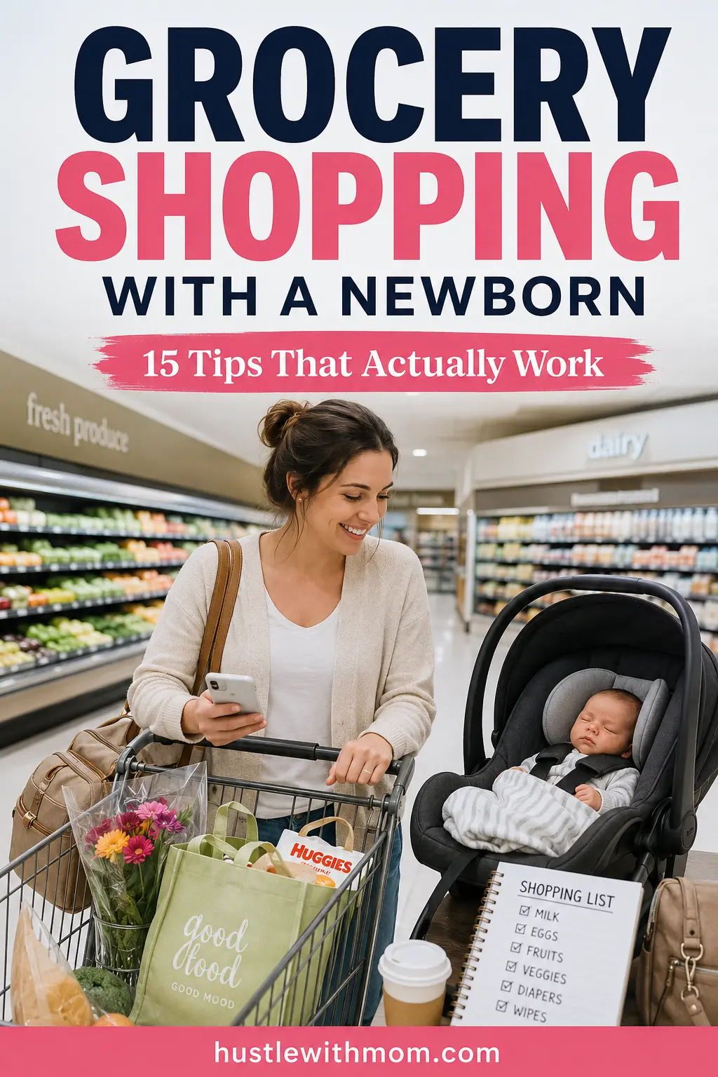 New mom grocery shopping with her newborn while using practical tips to make the trip easier.
