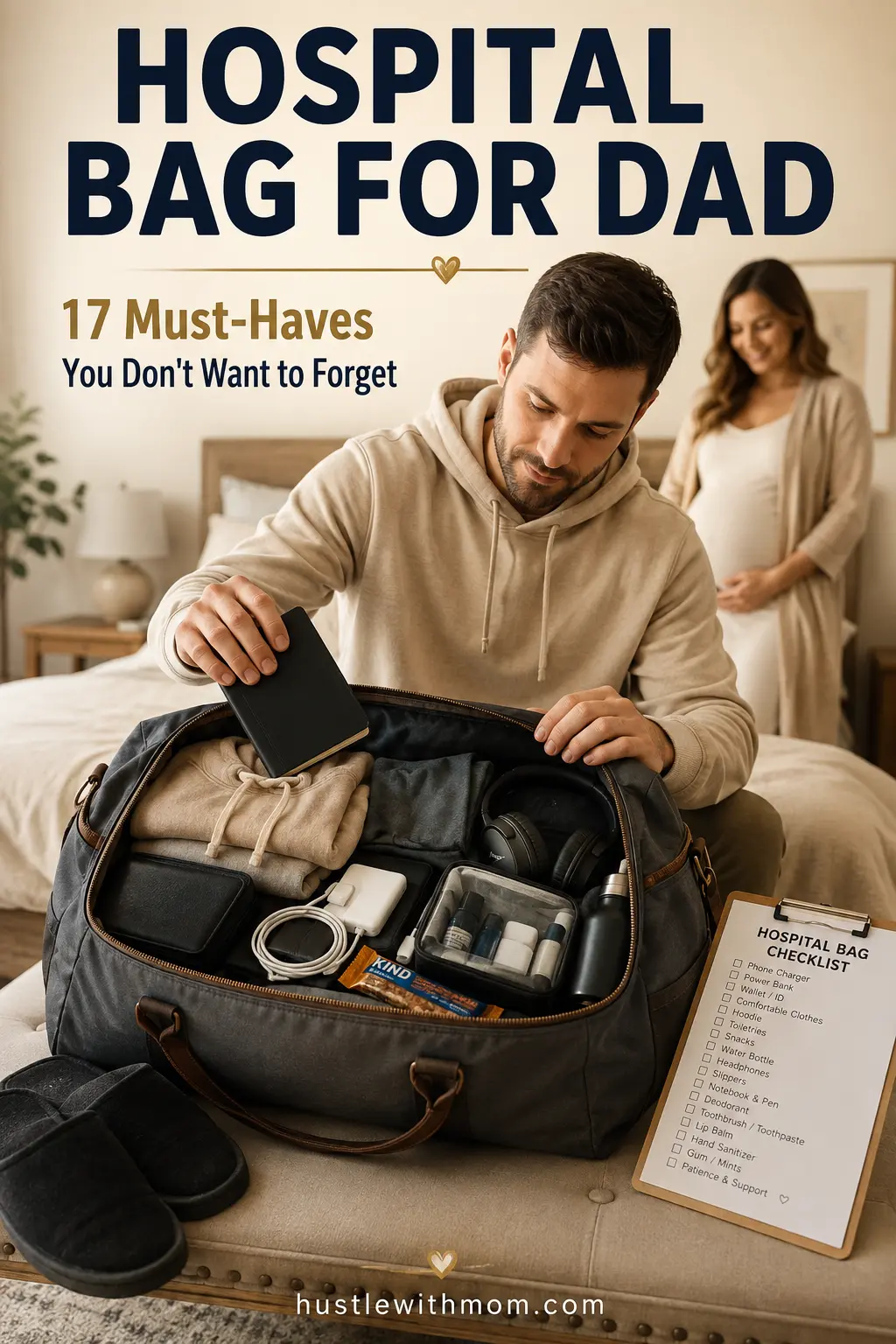 Expectant dad packing a hospital bag with 17 essential items for the birth of his baby.