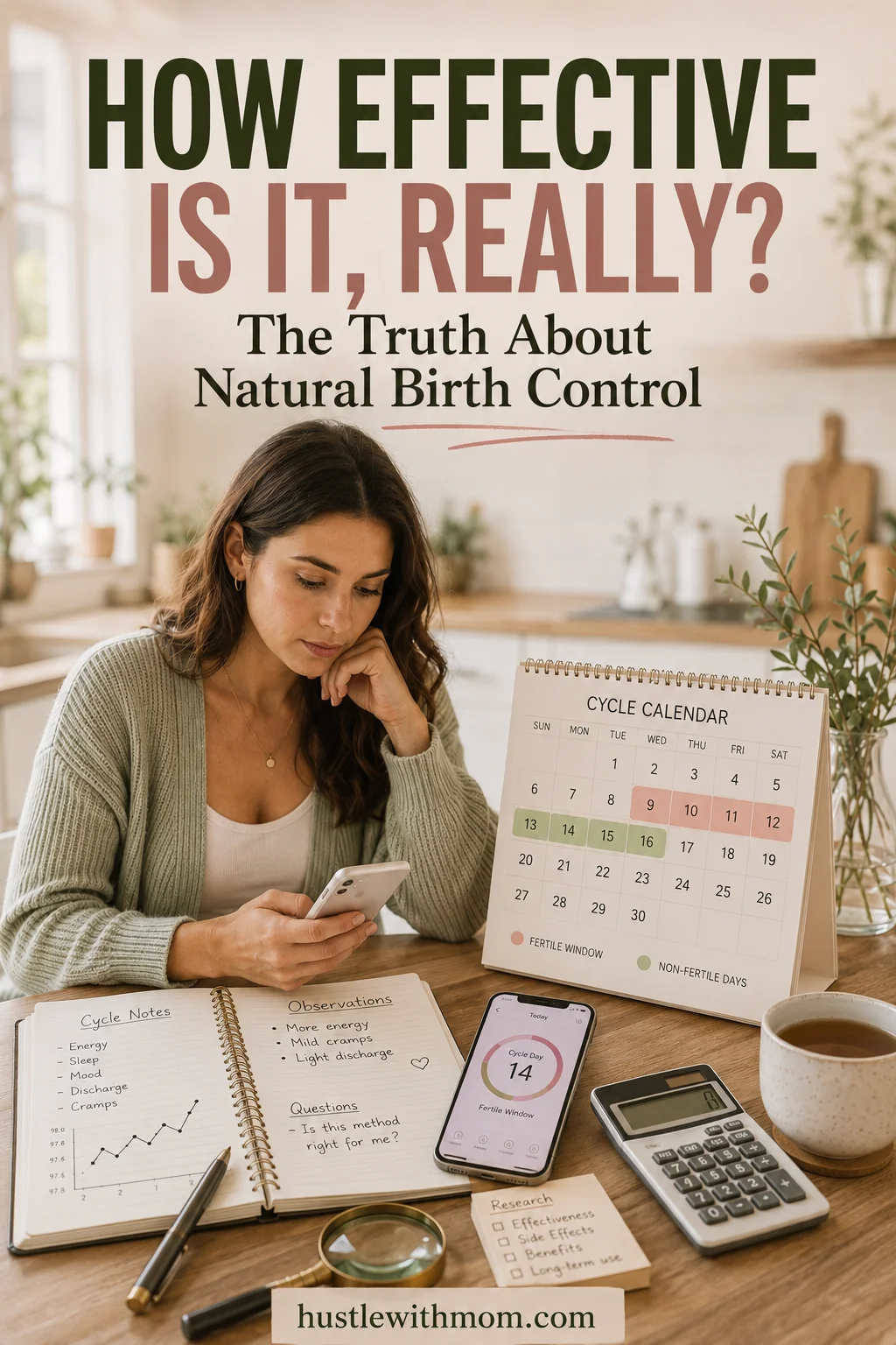 Woman researching the effectiveness of natural birth control while reviewing fertility tracking information.