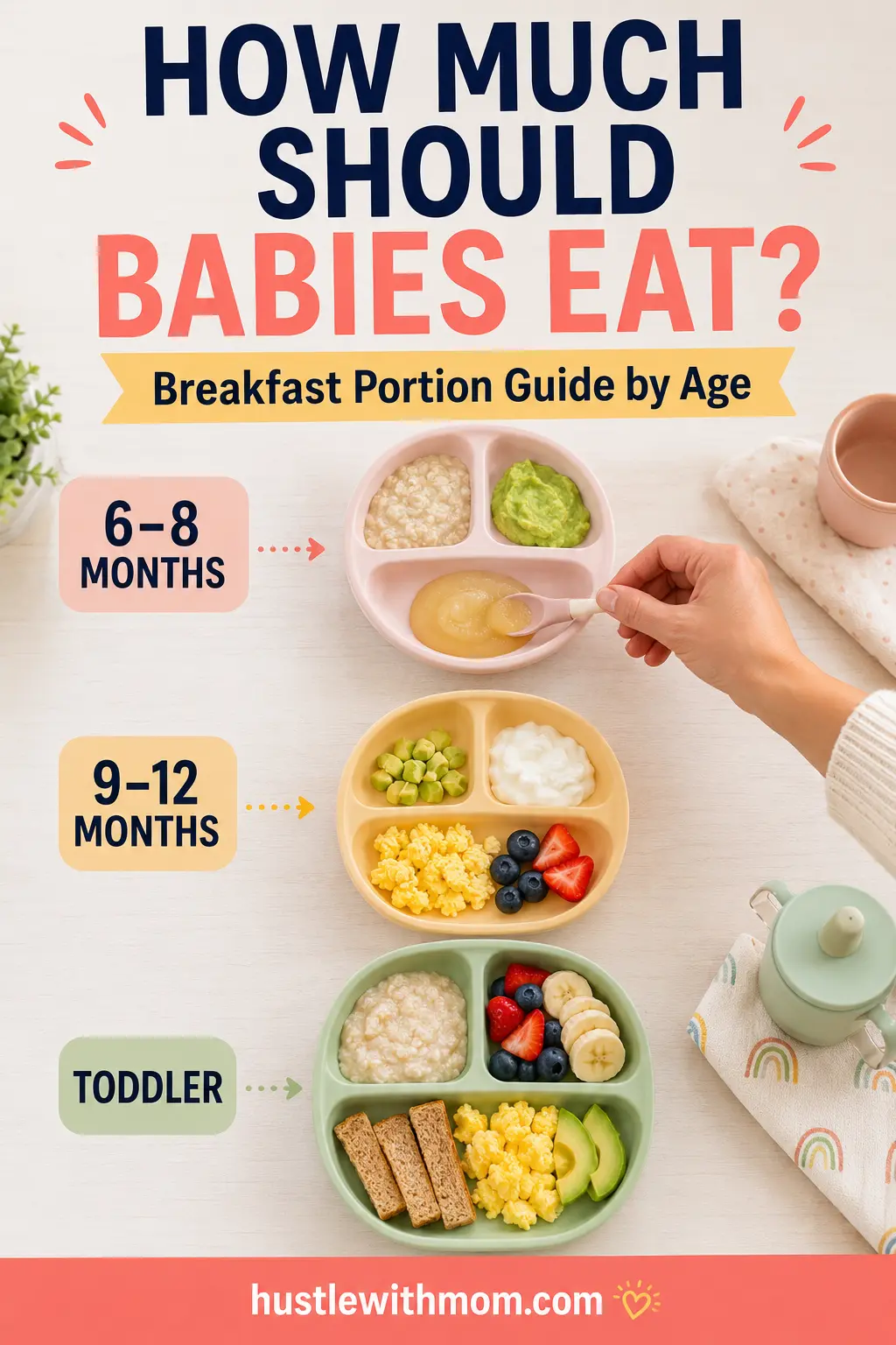 Age-based visual guide showing different breakfast portion sizes for babies and toddlers.