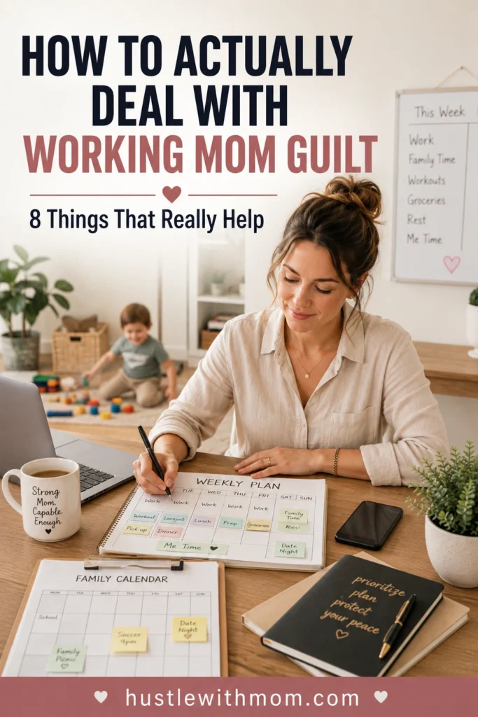 Working mom planning her week and balancing career, family time, and self-care to manage mom guilt.