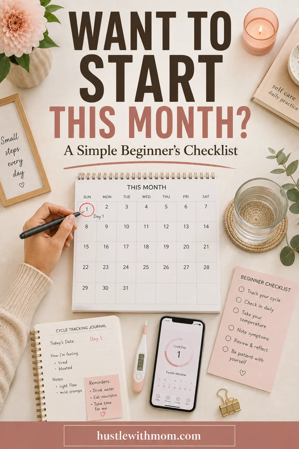Woman starting fertility awareness tracking with a monthly calendar, journal, thermometer, and smartphone.